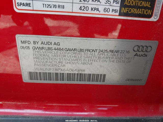 45225903 :رقم المزاد ، WAUNF78PX6A064898 vin ، 2006 Audi A3 2.0t مزاد بيع