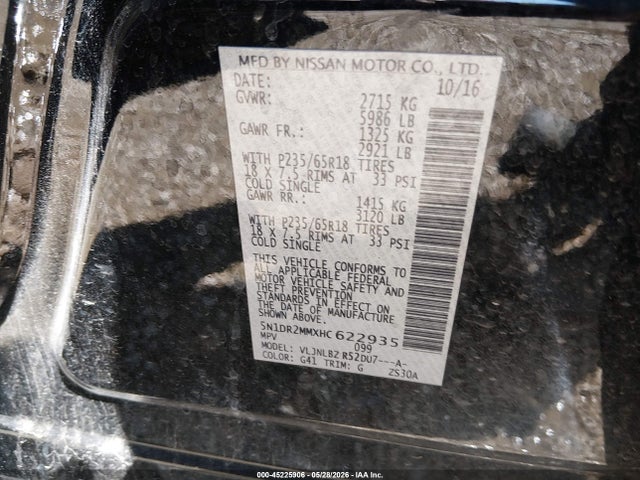 Aukcja sprzedaży 2017 Nissan Pathfinder S, vin: 5N1DR2MMXHC622935, numer aukcji: 45225906