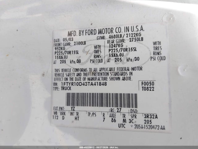 Aukcja sprzedaży 2003 Ford Ranger, vin: 1FTYR10D43TA41848, numer aukcji: 45225912