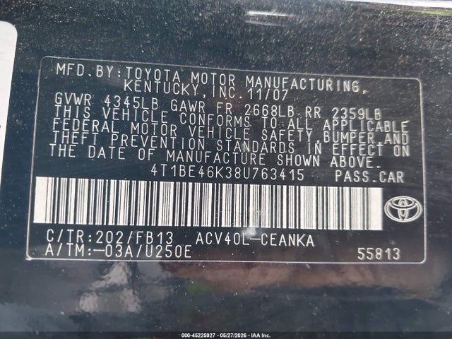 Aukcja sprzedaży 2008 Toyota Camry Le, vin: 4T1BE46K38U763415, numer aukcji: 45225927