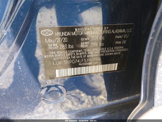 45225928 :رقم المزاد ، 5NPD74LF1LH601106 vin ، 2020 Hyundai Elantra Se مزاد بيع