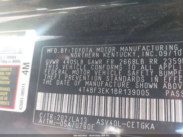 Продажа на аукционе авто 2011 Toyota Camry Xle, vin: 4T4BF3EK1BR139005, номер лота: 45225932