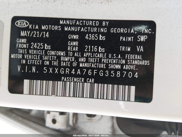 Продаж на аукціоні авто 2015 Kia Optima Sx, vin: 5XXGR4A76FG358704, номер лоту: 45225936