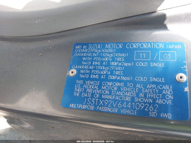 2004 Suzuki Xl-7 Ex/lx მანქანა იყიდება აუქციონზე, vin: JS3TX92V644109262, აუქციონის ნომერი: 45225949