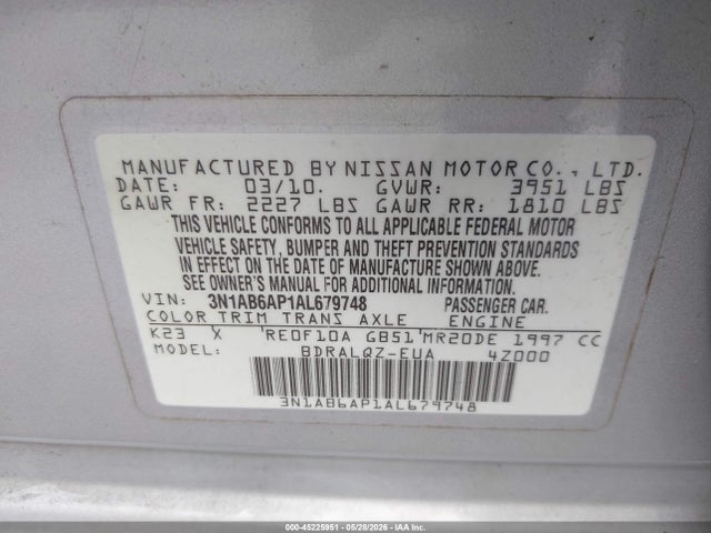 Aukcja sprzedaży 2010 Nissan Sentra 2.0, vin: 3N1AB6AP1AL679748, numer aukcji: 45225951