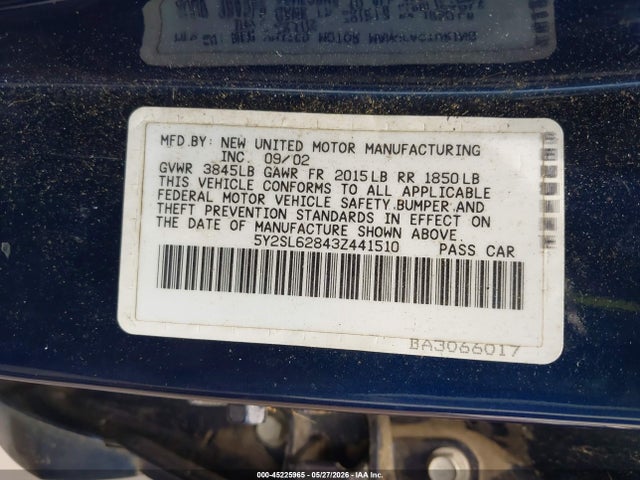 2003 Pontiac Vibe მანქანა იყიდება აუქციონზე, vin: 5Y2SL62843Z441510, აუქციონის ნომერი: 45225965