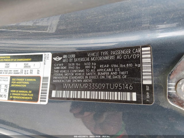 45225974 :رقم المزاد ، WMWMR33509TU95146 vin ، 2009 Mini Cooper مزاد بيع