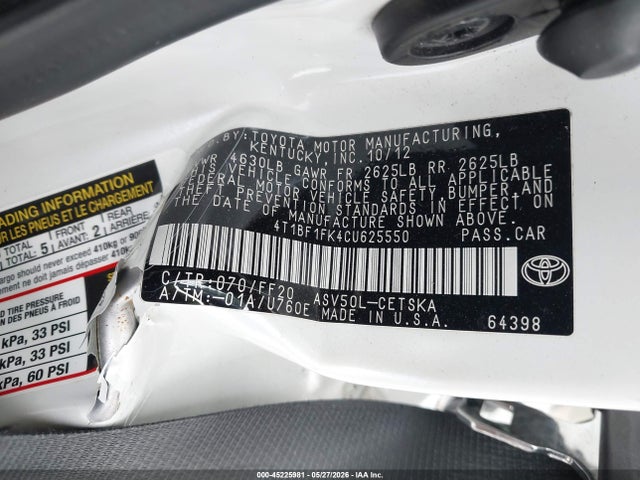 2012 Toyota Camry Se Limited Edition მანქანა იყიდება აუქციონზე, vin: 4T1BF1FK4CU625550, აუქციონის ნომერი: 45225981