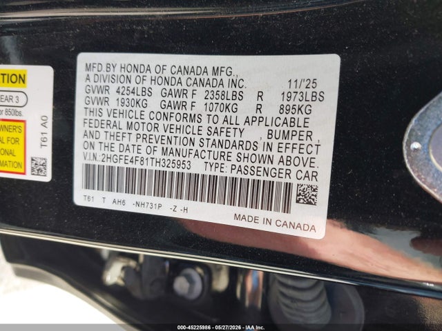 45225986 :رقم المزاد ، 2HGFE4F81TH325953 vin ، 2026 Honda Civic Hybrid Sport/sport Touring مزاد بيع