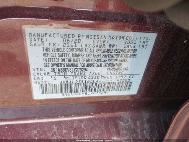 45226004 :رقم المزاد ، 3N1AB8CV8LY279294 vin ، 2020 Nissan Sentra Sv Xtronic Cvt مزاد بيع