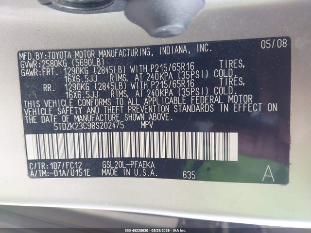 2008 Toyota Sienna Le მანქანა იყიდება აუქციონზე, vin: 5TDZK23C98S202475, აუქციონის ნომერი: 45226020