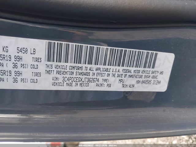 2018 Dodge Journey Gt მანქანა იყიდება აუქციონზე, vin: 3C4PDCEGXJT362674, აუქციონის ნომერი: 45226022