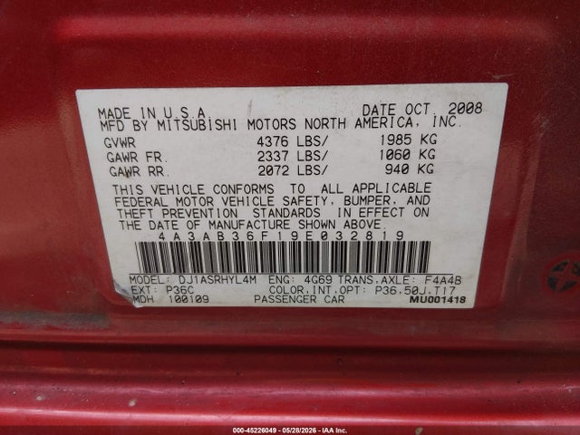 Продажа на аукционе авто 2009 Mitsubishi Galant Es/sport Edition, vin: 4A3AB36F19E032819, номер лота: 45226049