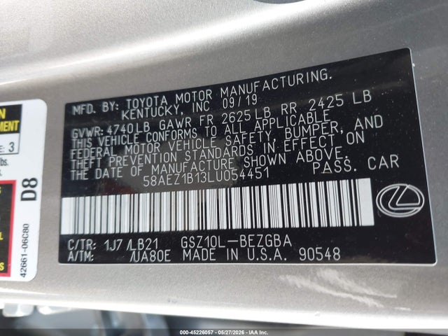 Продаж на аукціоні авто 2020 Lexus Es 350 Luxury, vin: 58AEZ1B13LU054451, номер лоту: 45226057
