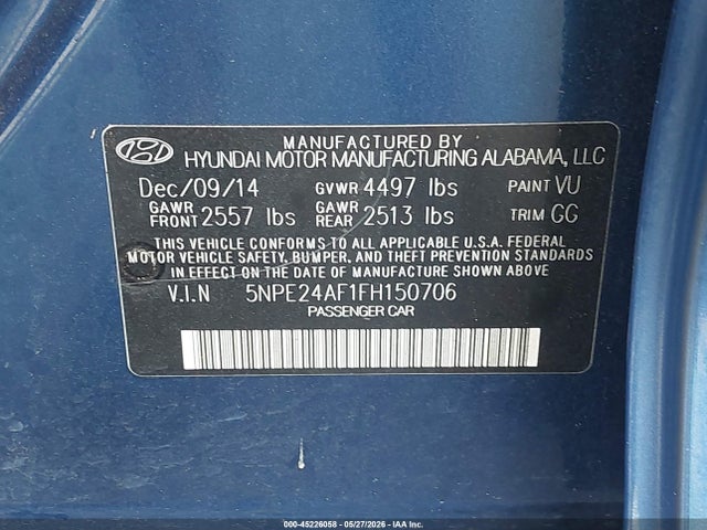 Aukcja sprzedaży 2015 Hyundai Sonata Se, vin: 5NPE24AF1FH150706, numer aukcji: 45226058