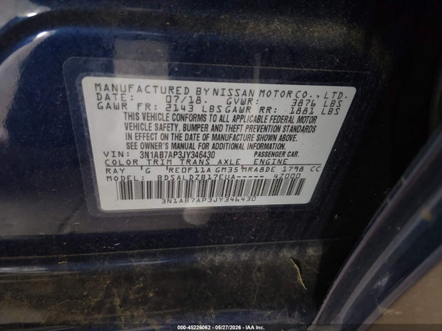 Aukcja sprzedaży 2018 Nissan Sentra Sv, vin: 3N1AB7AP3JY346430, numer aukcji: 45226062