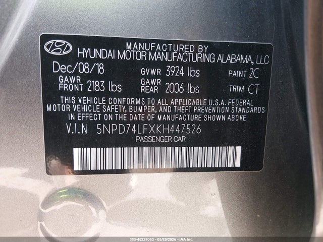 Auction sale of the 2019 Hyundai Elantra Se, vin: 5NPD74LFXKH447526, lot number: 45226063