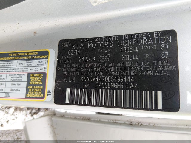 Aukcja sprzedaży 2014 Kia Optima Lx, vin: KNAGM4A70E5499444, numer aukcji: 45226064