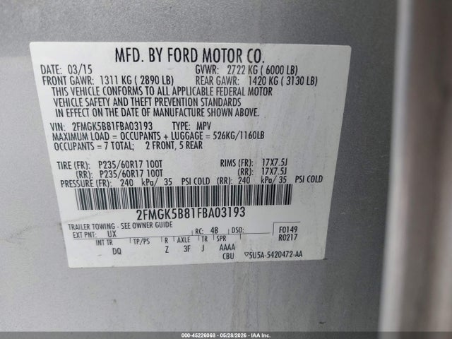 Ford FLEX SE 2015 2FMGK5B81FBA03193 Image 9