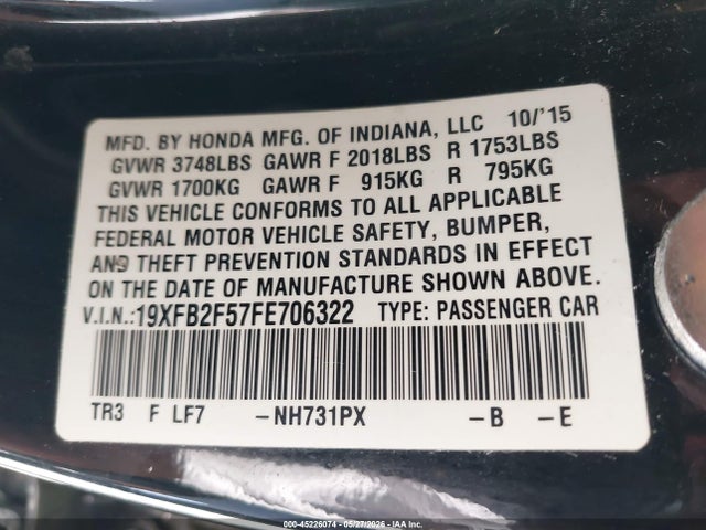 Honda Civic Lx 2015 19XFB2F57FE706322 Image 9