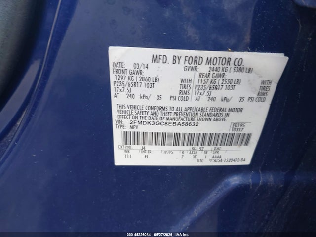 45226084 :رقم المزاد ، 2FMDK3GC8EBA58632 vin ، 2014 Ford Edge Se مزاد بيع