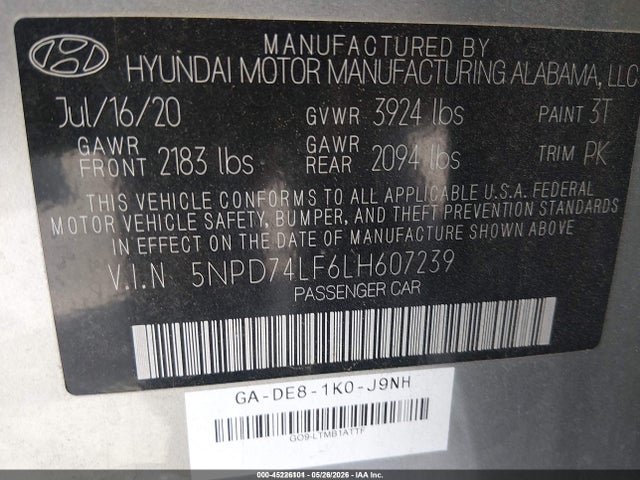 Продаж на аукціоні авто 2020 Hyundai Elantra Se, vin: 5NPD74LF6LH607239, номер лоту: 45226101