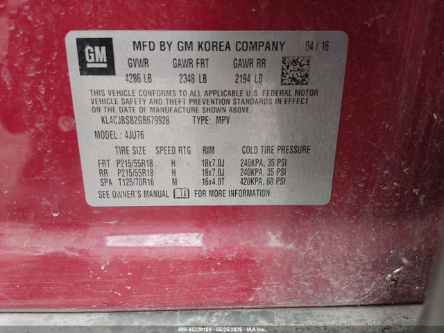 Продажа на аукционе авто 2016 Buick Encore Convenience, vin: KL4CJBSB2GB679928, номер лота: 45226108