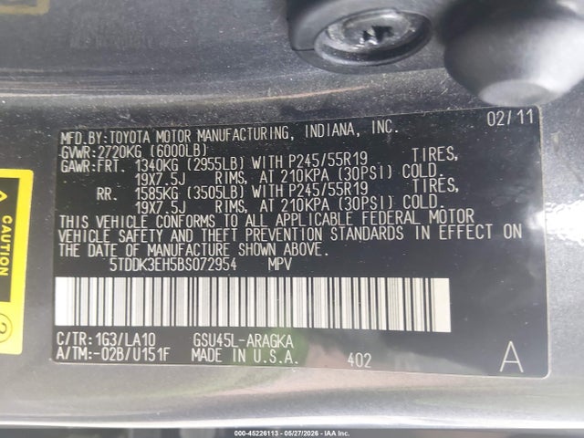 2011 Toyota Highlander Limited V6 მანქანა იყიდება აუქციონზე, vin: 5TDDK3EH5BS072954, აუქციონის ნომერი: 45226113