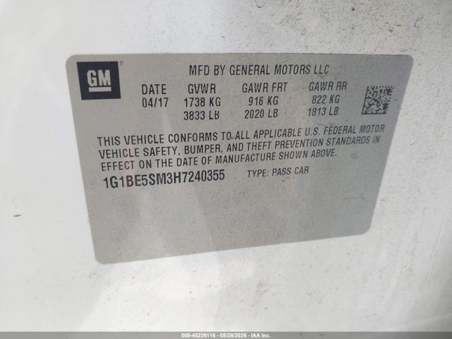 Продажа на аукционе авто 2017 Chevrolet Cruze Lt Auto, vin: 1G1BE5SM3H7240355, номер лота: 45226116
