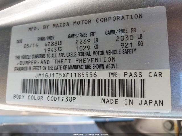 45226131 :رقم المزاد ، JM1GJ1T5XF1185556 vin ، 2015 Mazda Mazda6 I Touring مزاد بيع