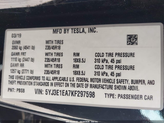 Tesla Model 3 Long Range/mid Range/standard Range/standard Range Plus 2019 5YJ3E1EA7KF297598 Image 9