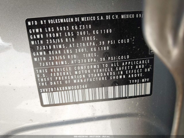 3VV2B7AX8NM008344 Volkswagen Tiguan 2.0t Se