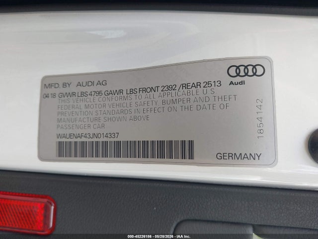 Aukcja sprzedaży 2018 Audi A4 2.0t Premium, vin: WAUENAF43JN014337, numer aukcji: 45226186