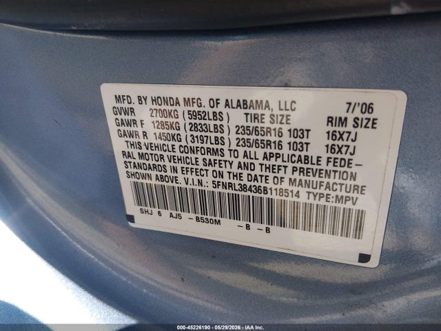 Продажа на аукционе авто 2006 Honda Odyssey Ex, vin: 5FNRL38436B118514, номер лота: 45226190