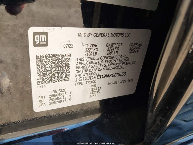 Aukcja sprzedaży 2022 Chevrolet Silverado 1500 4wd  Short Bed Rst, vin: 1GCUDEED9NZ583556, numer aukcji: 45226197