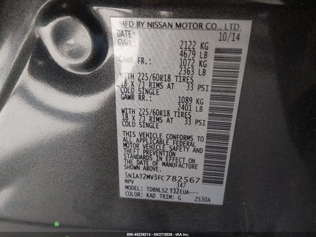 Nissan Rogue Sl 2015 5N1AT2MV3FC782567 Image 9