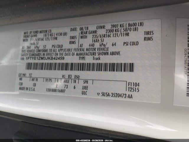 Aukcja sprzedaży 2018 Ford Transit-150, vin: 1FTYE1ZM3JKB42459, numer aukcji: 45226224