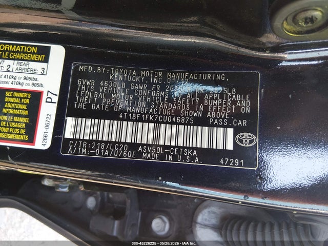 2012 Toyota Camry Se მანქანა იყიდება აუქციონზე, vin: 4T1BF1FK7CU046875, აუქციონის ნომერი: 45226225