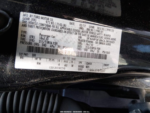 45226232 :رقم المزاد ، 1FAHP3F28CL381923 vin ، 2012 Ford Focus Se مزاد بيع