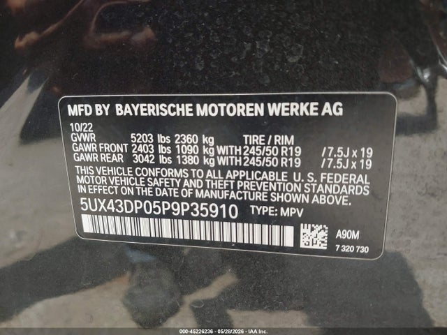 Aukcja sprzedaży 2023 Bmw X3 Sdrive30i, vin: 5UX43DP05P9P35910, numer aukcji: 45226236