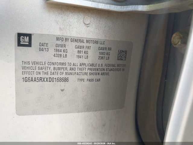 45226242 :رقم المزاد ، 1G6AA5RXXD0168686 vin ، 2013 Cadillac Ats Standard مزاد بيع