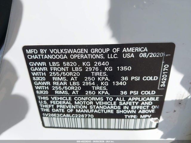 Продаж на аукціоні авто 2020 Volkswagen Atlas Cross Sport 3.6l V6 Se W/technology/3.6l V6 Se W/technology R-line, vin: 1V26E2CA8LC226770, номер лоту: 45226243