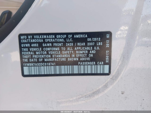 45226247 :رقم المزاد ، 1VWBN7A32DC018741 vin ، 2013 Volkswagen Passat 2.0l Tdi Se مزاد بيع