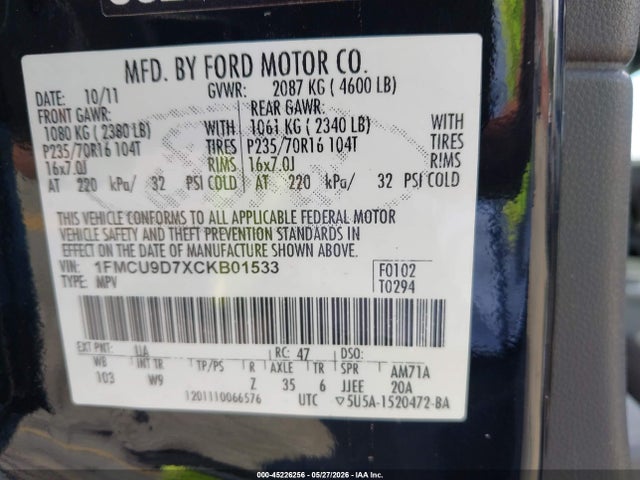 2012 Ford Escape Xlt მანქანა იყიდება აუქციონზე, vin: 1FMCU9D7XCKB01533, აუქციონის ნომერი: 45226256