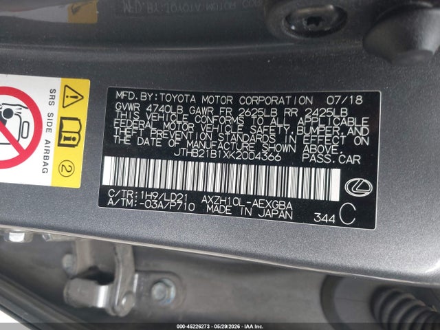 45226273 :رقم المزاد ، JTHB21B1XK2004366 vin ، 2019 Lexus Es 300h مزاد بيع