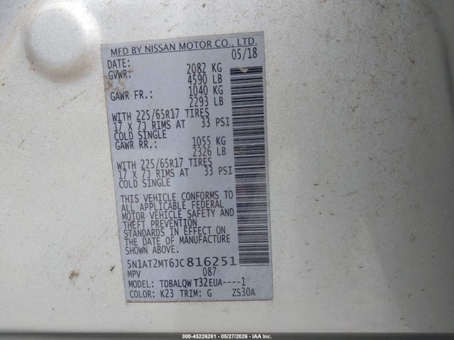 Aukcja sprzedaży 2018 Nissan Rogue Sv, vin: 5N1AT2MT6JC816251, numer aukcji: 45226281