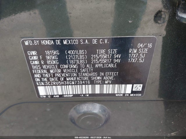 Aukcja sprzedaży 2016 Honda Hr-v Lx, vin: 3CZRU5H38GM739416, numer aukcji: 45226288