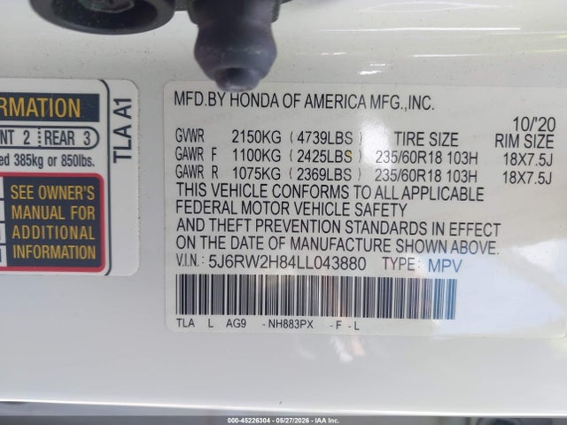 Aukcja sprzedaży 2020 Honda Cr-v Awd Ex-l, vin: 5J6RW2H84LL043880, numer aukcji: 45226304