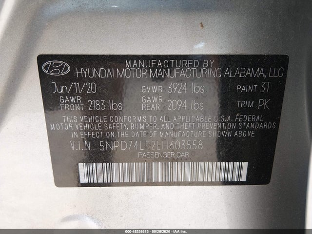 Aukcja sprzedaży 2020 Hyundai Elantra Se, vin: 5NPD74LF2LH603558, numer aukcji: 45226313