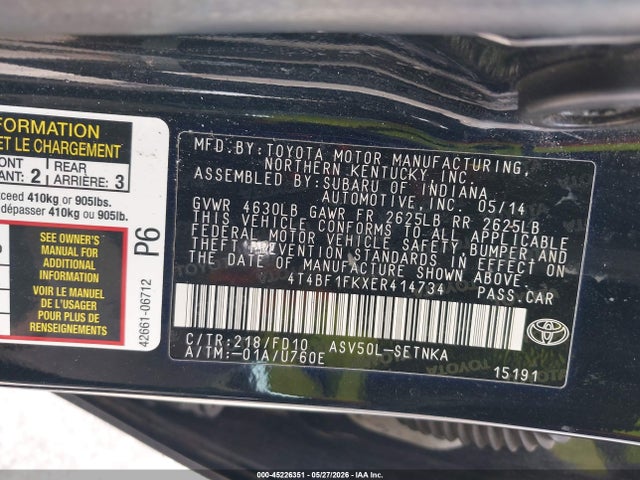 2014 Toyota Camry Le მანქანა იყიდება აუქციონზე, vin: 4T4BF1FKXER414734, აუქციონის ნომერი: 45226351